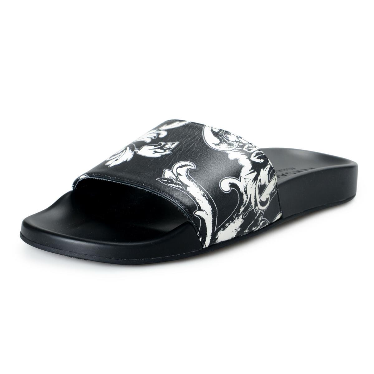 Versace Men`s Black Floral Leather Slides Flip Flops Sandals Shoes 6 7 8 9 10 11