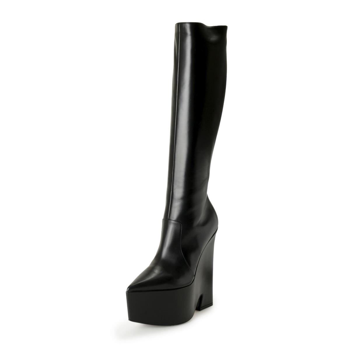 Versace Women`s Black Leather High Heel Platform Boots Shoes