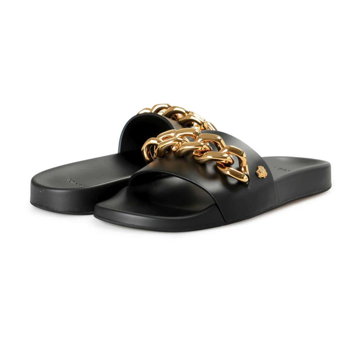 Versace Men`s Black Gold Leather Sandals Flip Flops Shoes