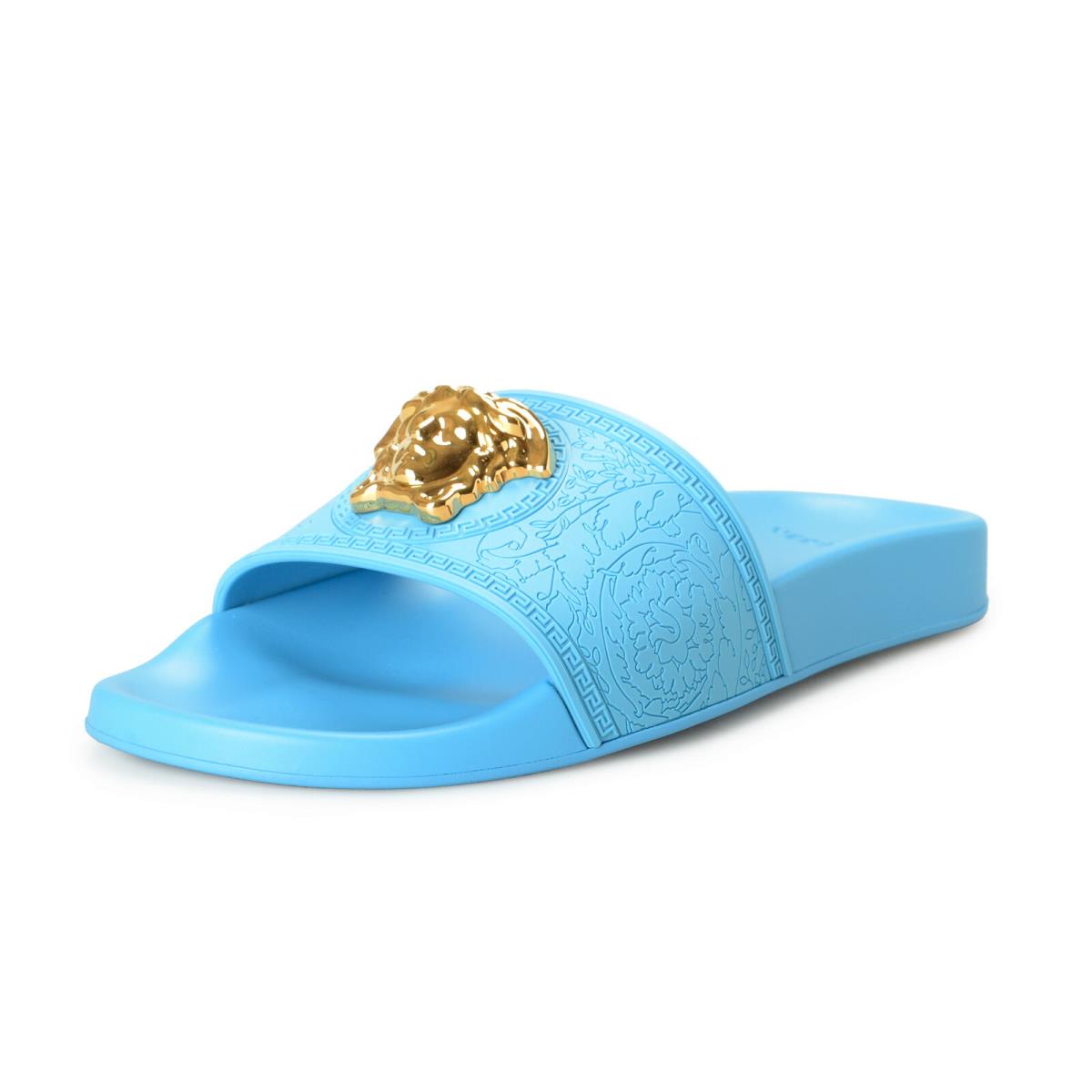 Versace Women`s Gold Medusa Head Sky Blue Pool Slide Flip Flops Shoes - Sky Blue