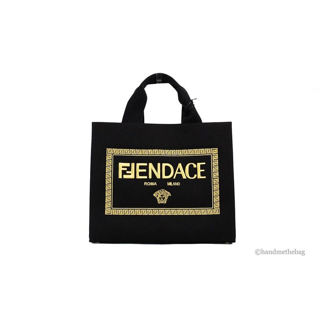 Fendi X Versace Fendace Medium Black Canvas Fabric Shopper Tote Crossbody Bag