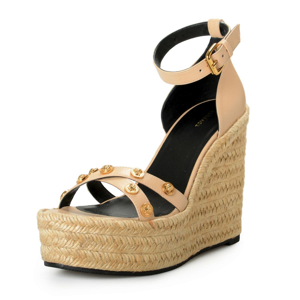 Versace Women`s Gold Medusa Leather Ankle Strap Wedges Sandals Shoes US 9 IT 39