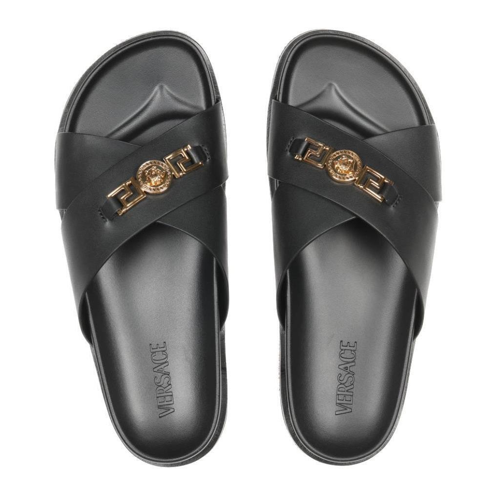 Versace Men`s Black Leather Medusa Head Slide Sandals Shoes 42/US 9