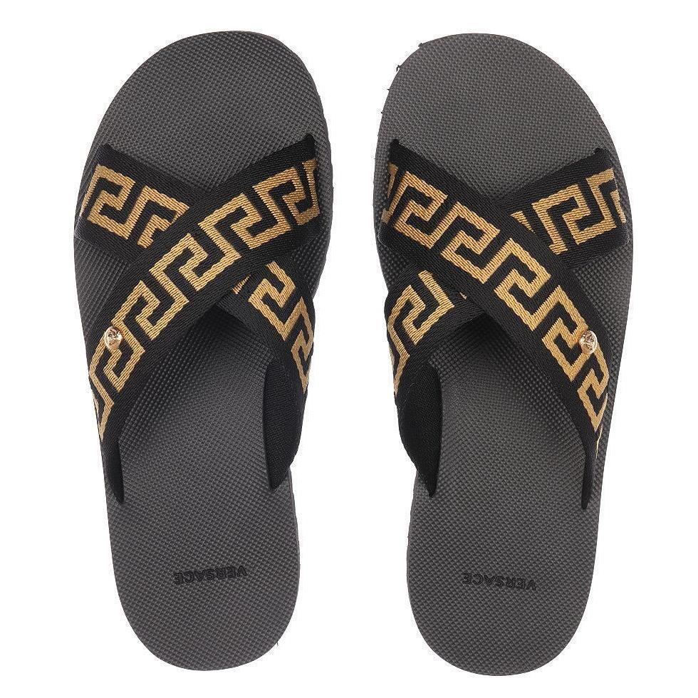 Versace Black Nastro Greca Flip Flops Sandals Shoes 40/US 7