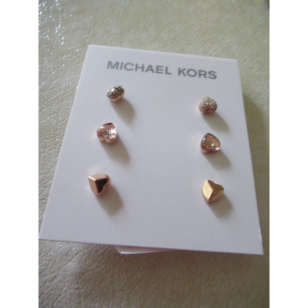 Michael Kors Logo Love Stud Earrings Set/ 3 Pairs/ Rose Gold Tone Hearts