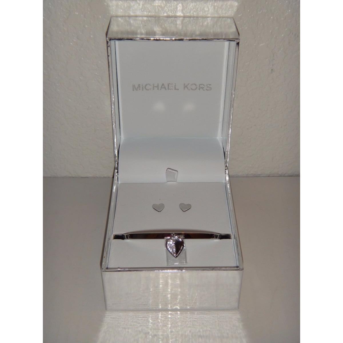 Michael Kors Gift Set Silver Bangle Bracelet Heart Earrings MKJ5938040 + MK Box