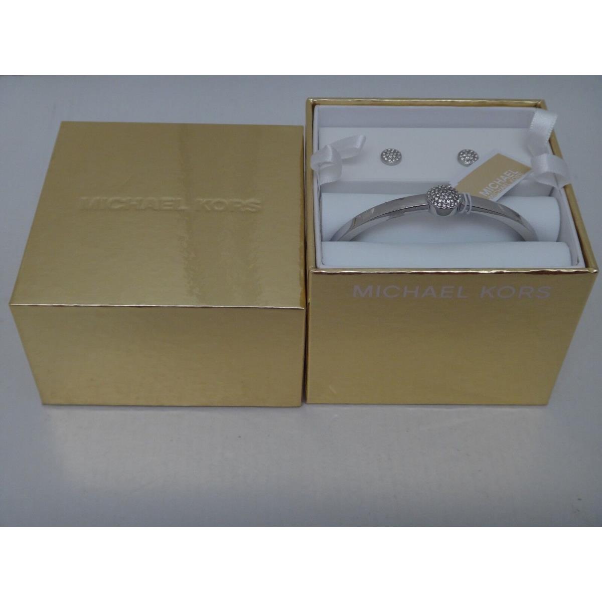 Michael Kors Gift Set Silver Bangle Bracelet Earrings Crystals MKJ5935040 +box