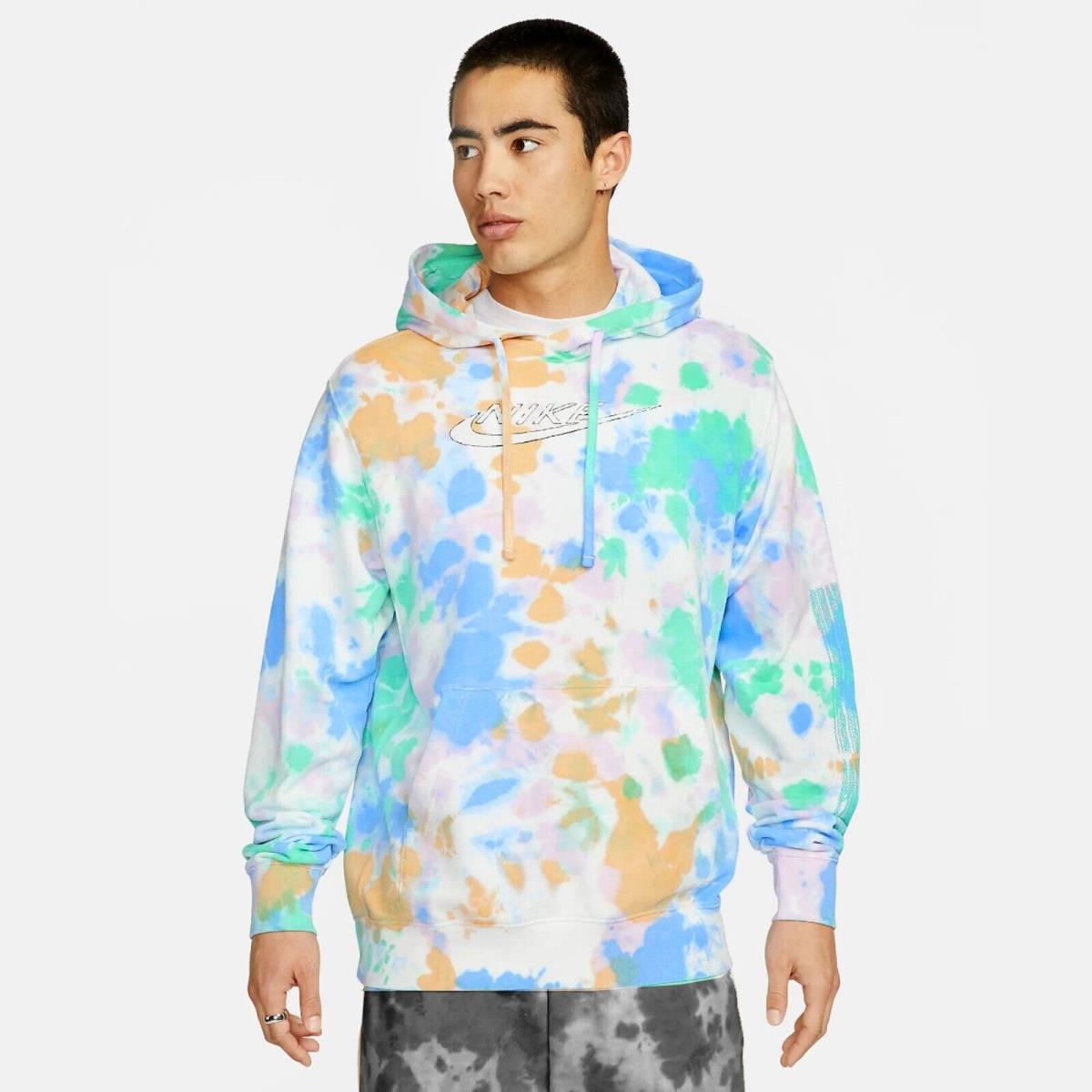 Nike Sportswear Club Fleece Men`s Ice-dye Pullover Hoodie Photo Blue Size M