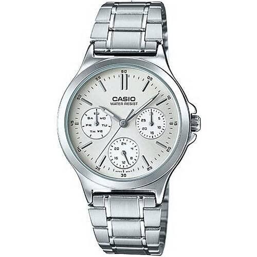 Casio LTP-V300D-7A White Ladies Watch Silver Multifunction Band Analog