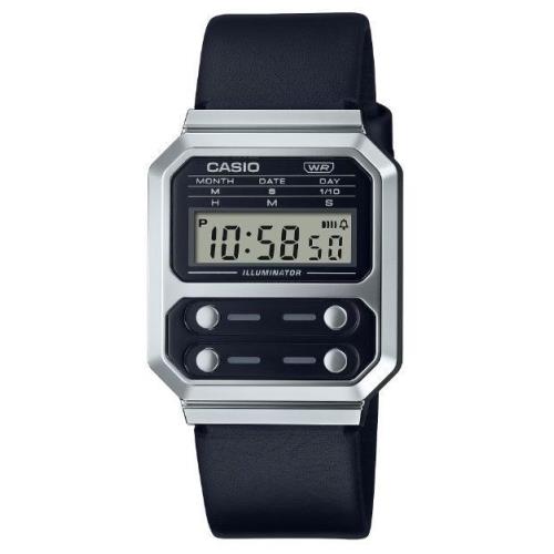 Casio Vintage Collection Digital Dial and Black Leather Strap Watch A100WEL-1AEF - Band: Black