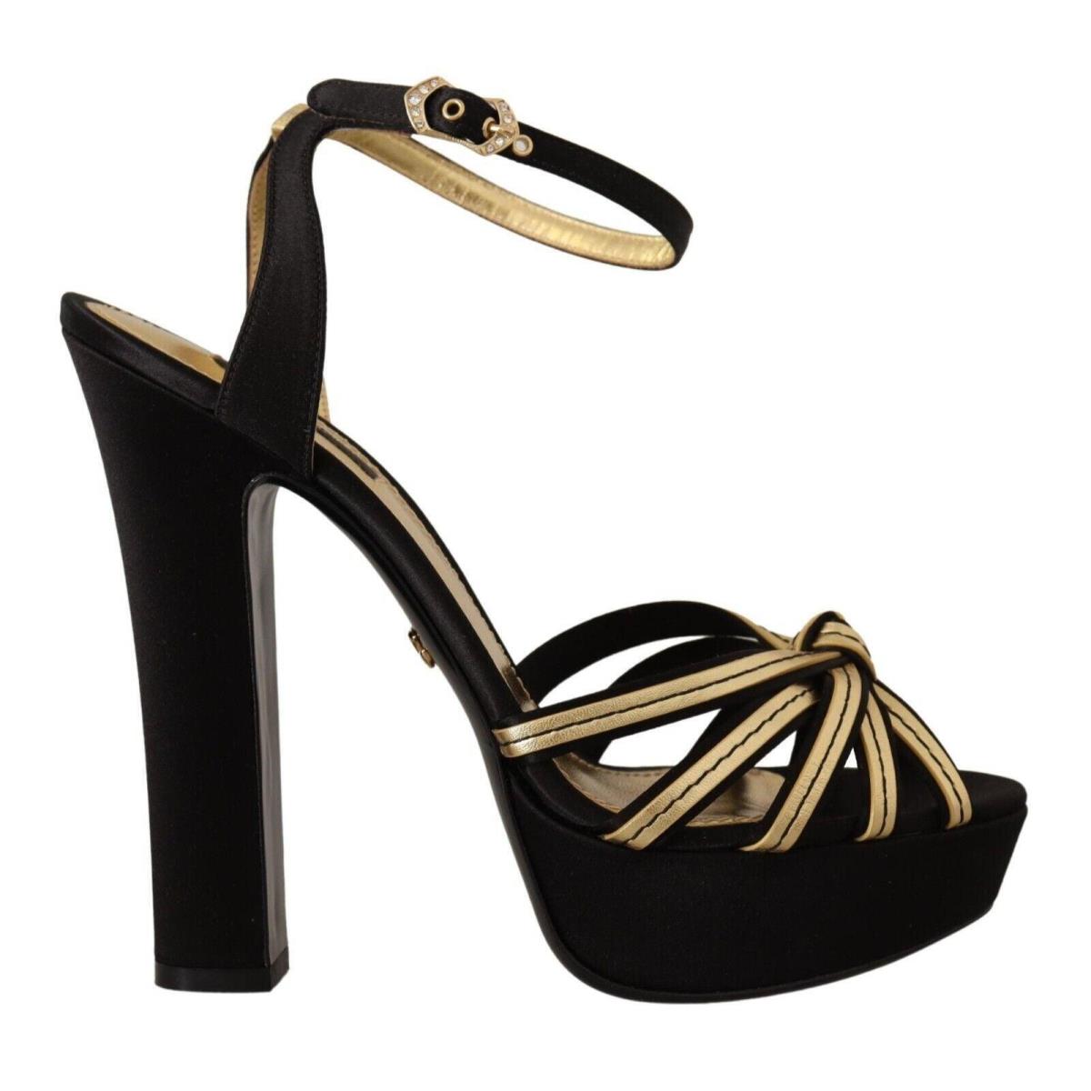 Dolce Gabbana Black Gold Viscose Ankle Strap Heels Sandals Shoes