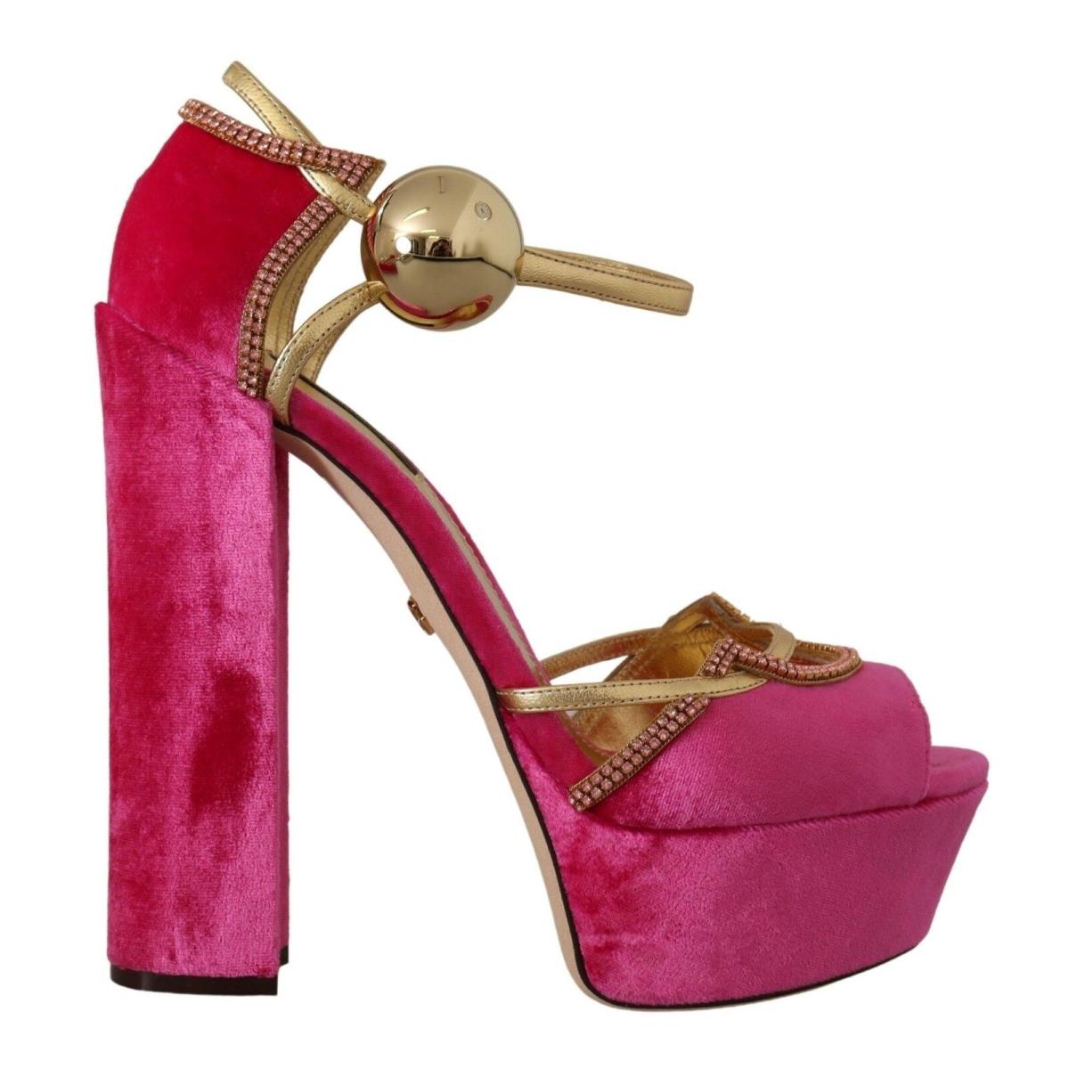 Dolce Gabbana Pink Velvet Crystal Ankle Strap Sandals Shoes