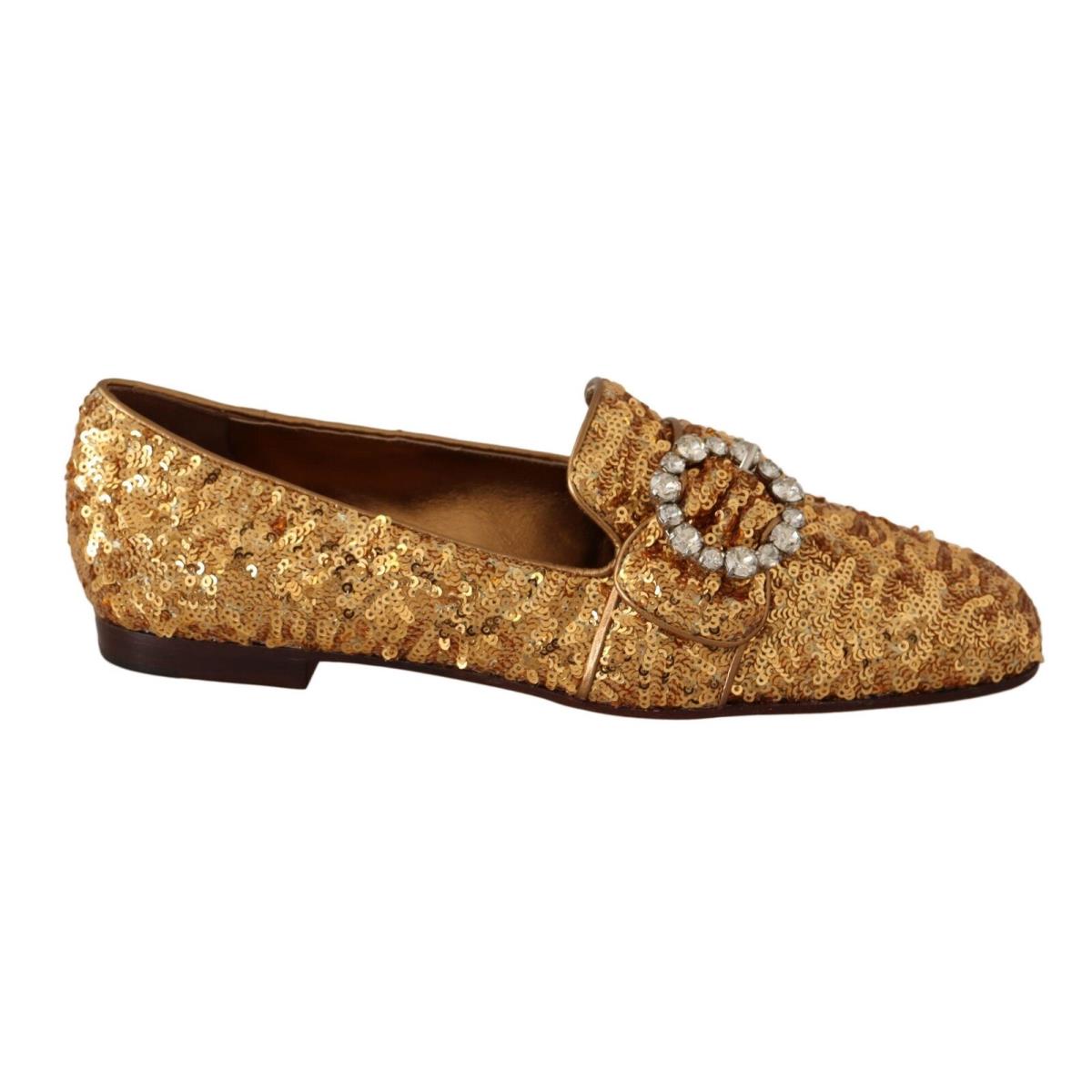 Dolce Gabbana Gold Sequin Crystal Flat Women Loafers Shoes