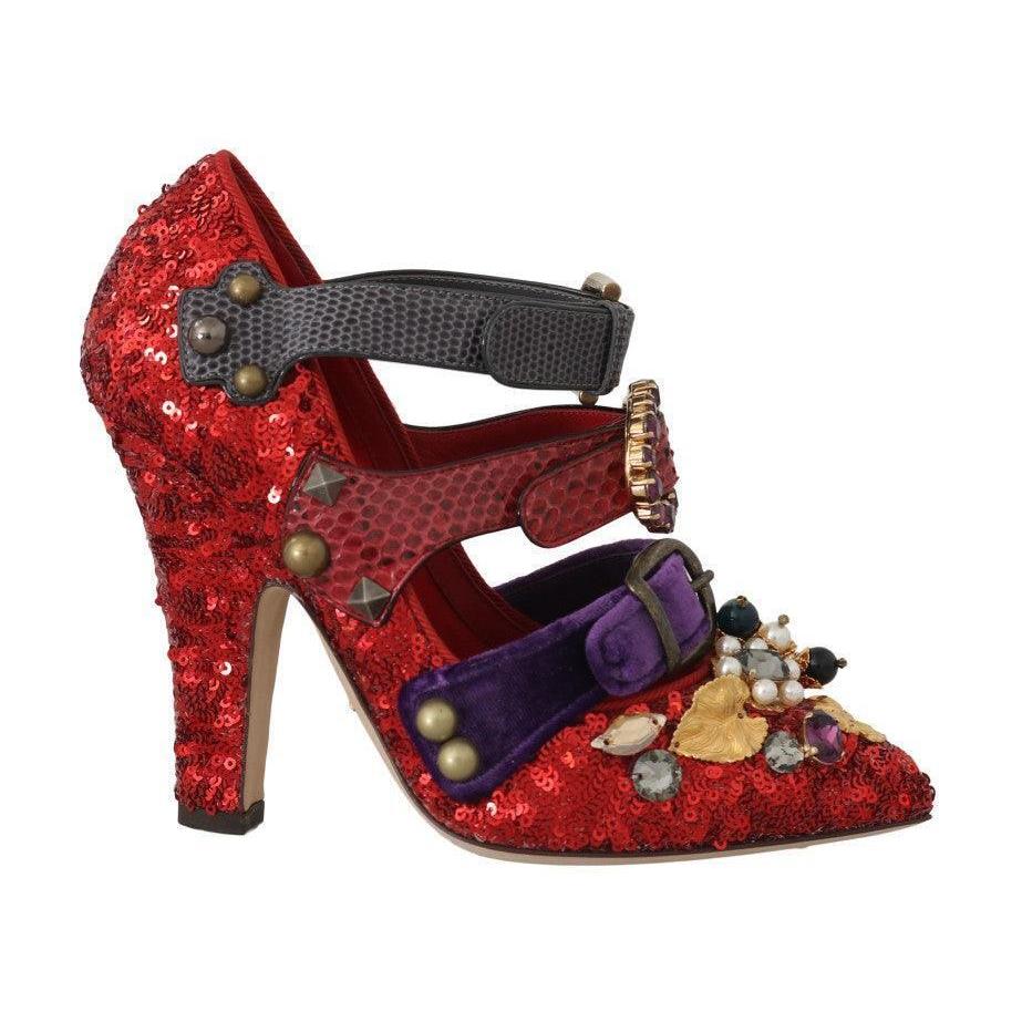 Dolce Gabbana Red Sequined Crystal Studs Heels Shoes