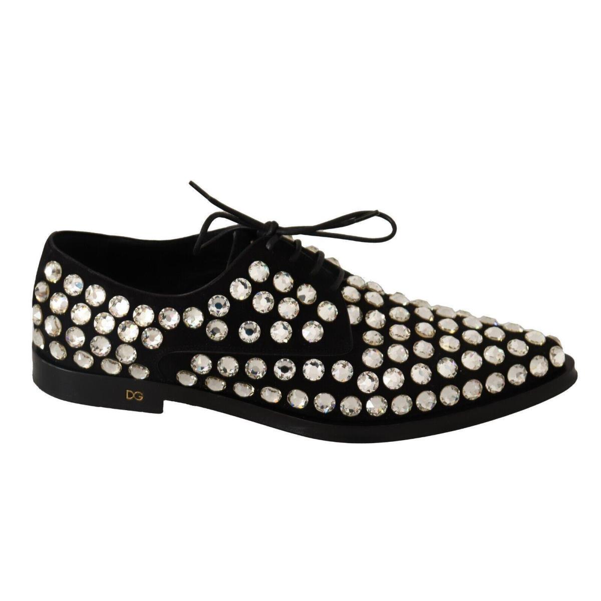 Dolce Gabbana Black Leather Crystals Lace Up Formal Shoes