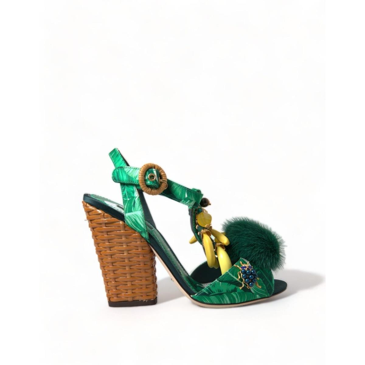 Dolce Gabbana Green Banana Leaf Embellished T-strap Sandals Shoes