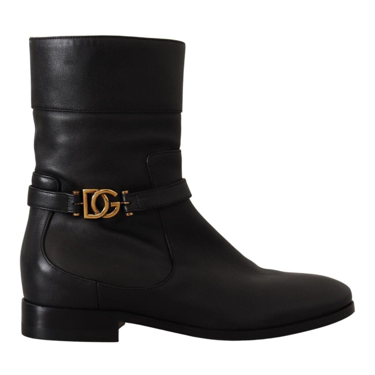 Dolce Gabbana Black Leather Flats Logo Short Boots Shoes