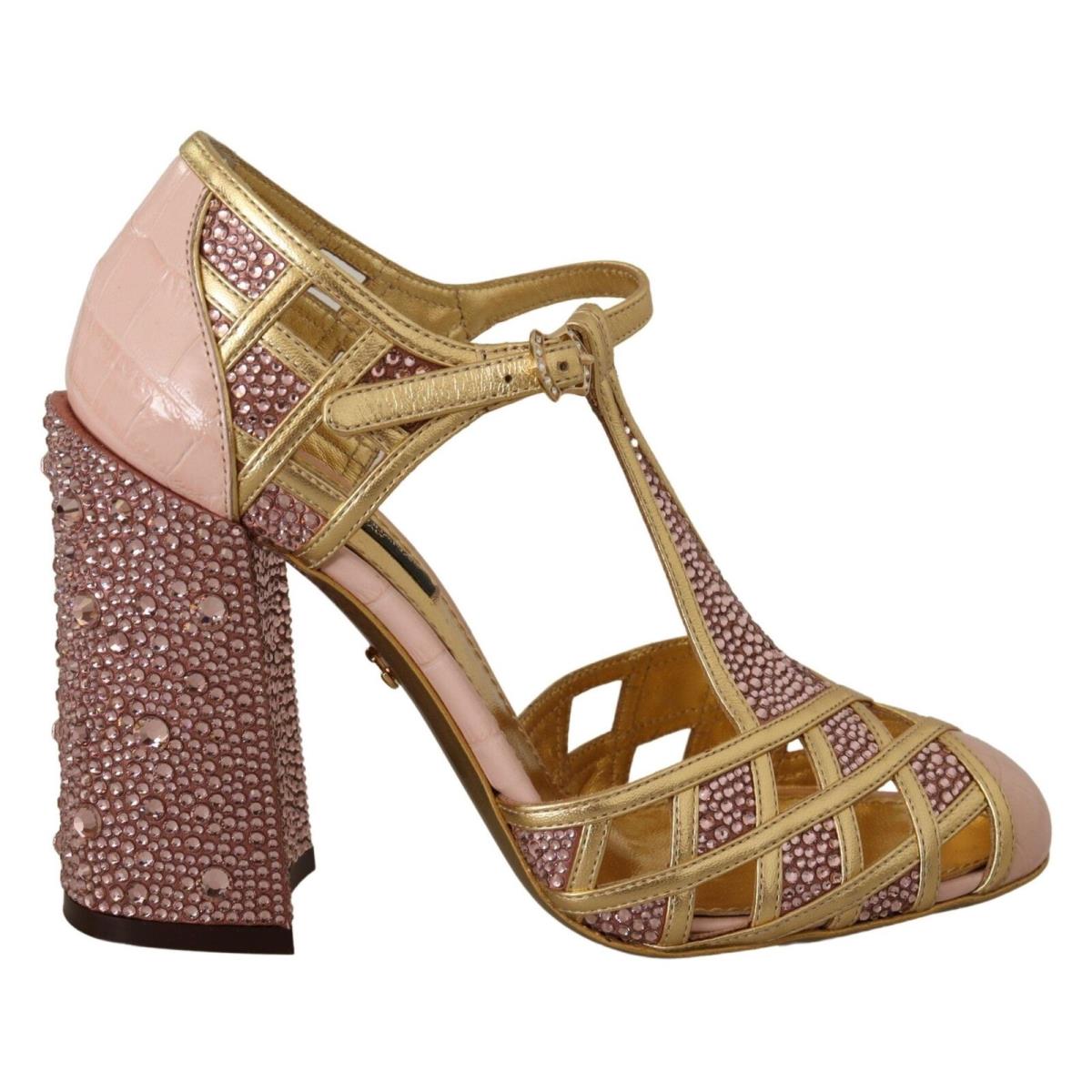 Dolce Gabbana Pink Gold Leather Crystal Pumps T-strap Shoes