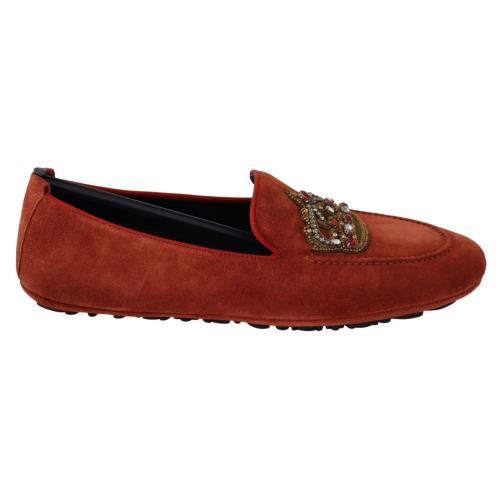 Dolce Gabbana Orange Leather Crystal Crown Loafers Shoes