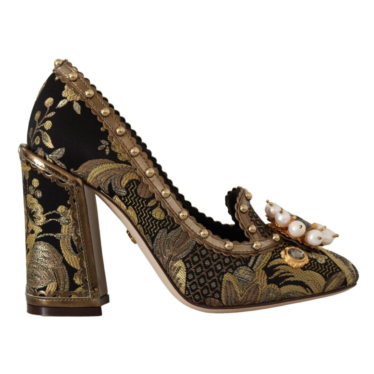 Dolce Gabbana Gold Crystal Square Toe Brocade Pumps Shoes