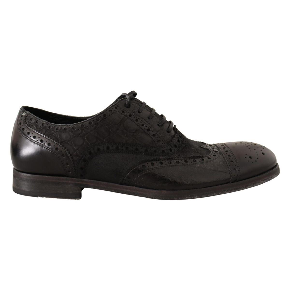 Dolce Gabbana Black Leather Brogue Wing Tip Men Formal Shoes