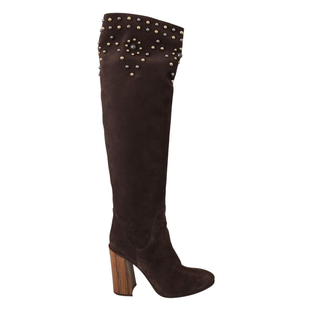 Dolce Gabbana Brown Suede Studded Knee High Shoes Boots