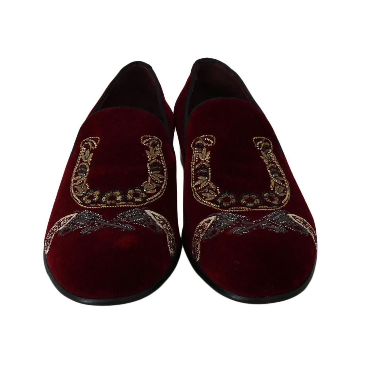 Dolce Gabbana Bordeaux Velvet Loafers Gun Horseshoe Shoes