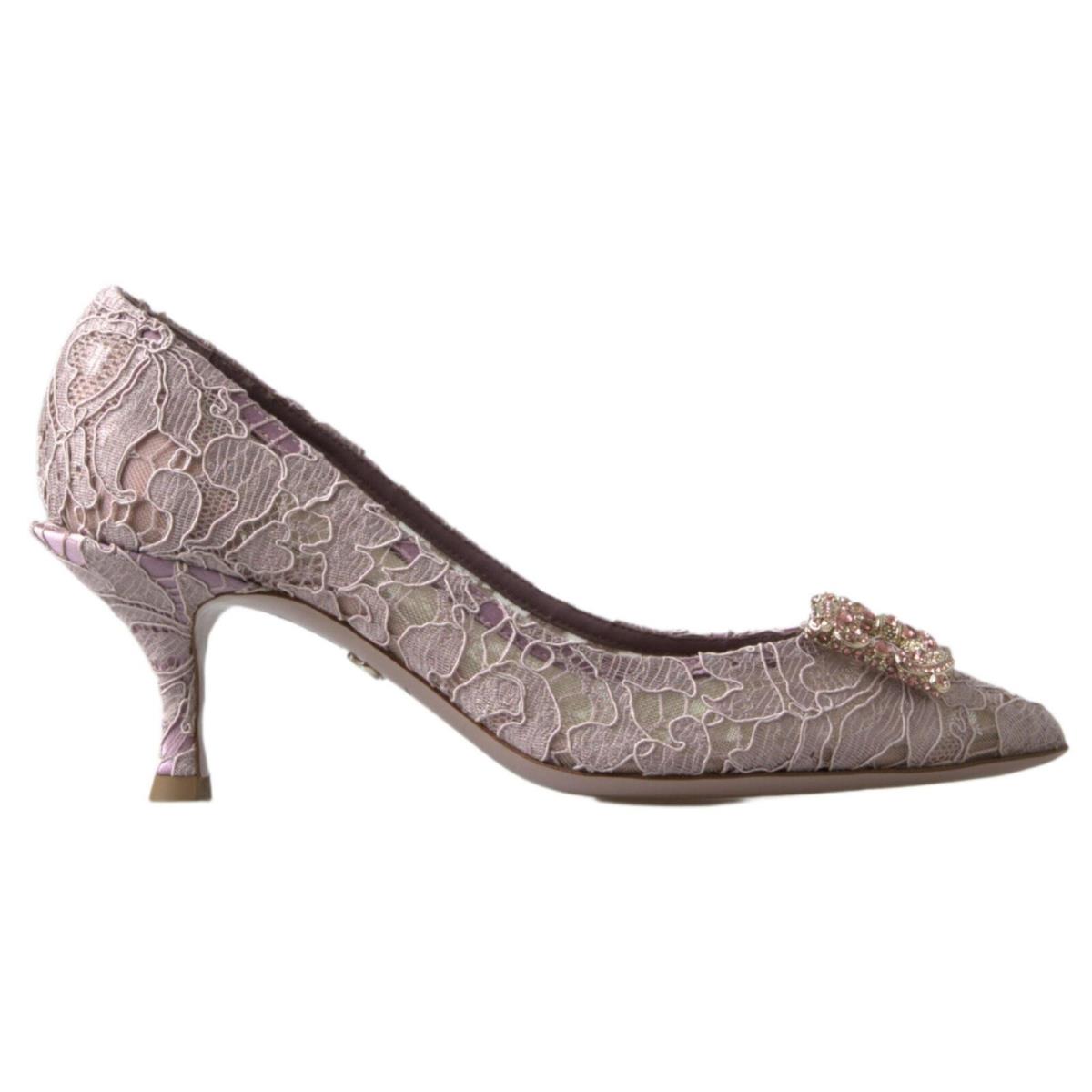 Dolce Gabbana Pink Floral Lace DG Crystal Pumps Shoes