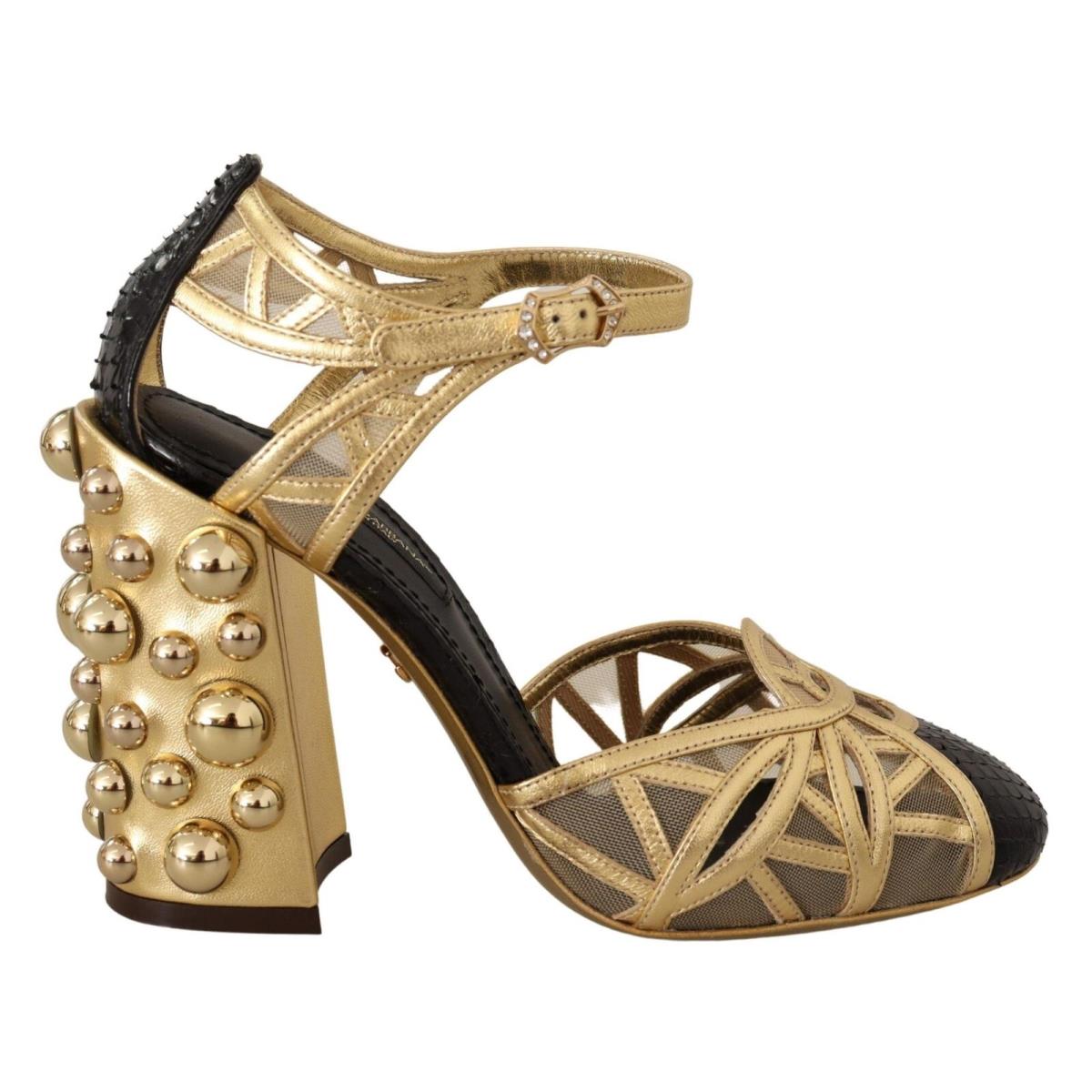 Dolce Gabbana Black Gold Leather Studded Ankle Straps Shoes