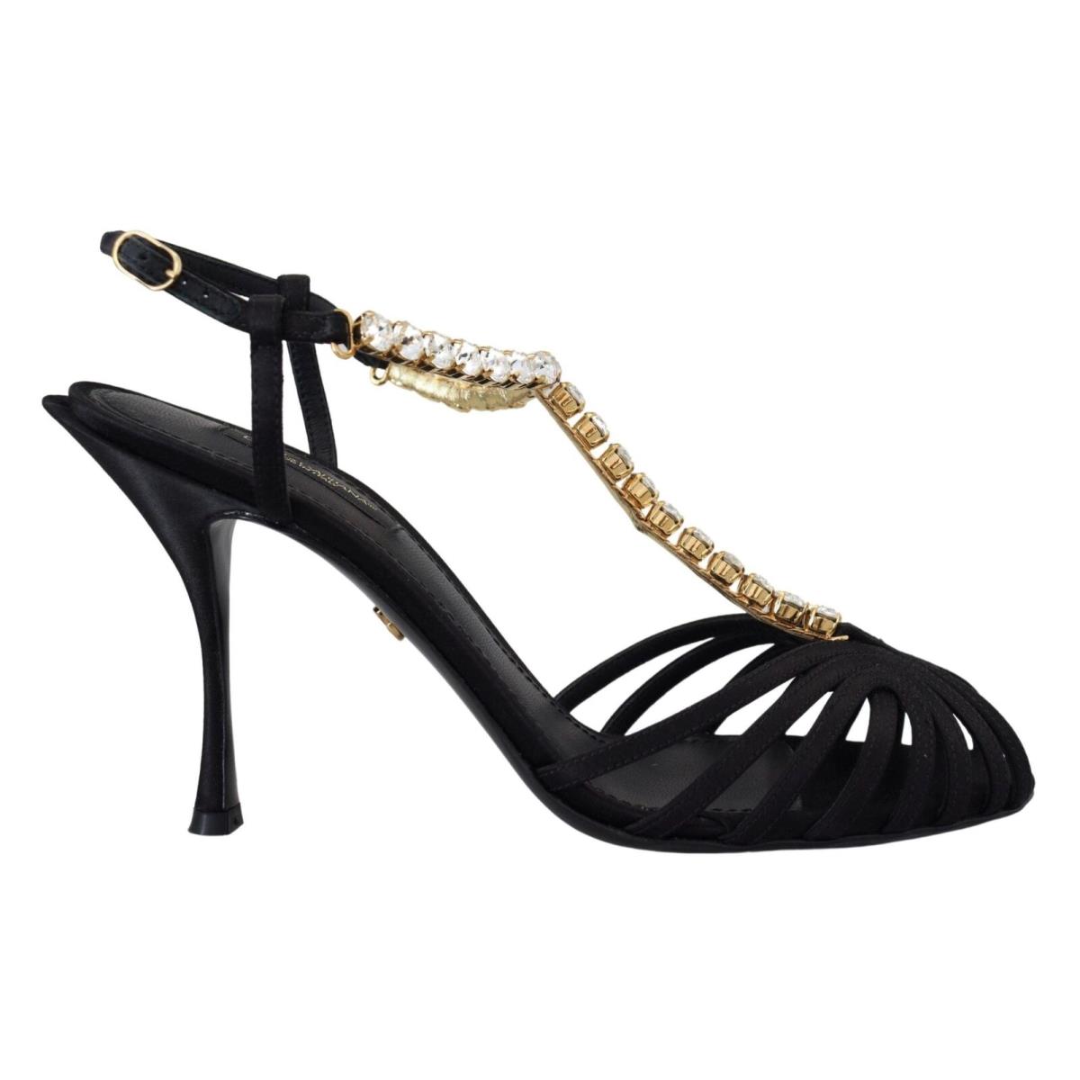 Dolce Gabbana Black Satin Clear Crystal T-strap Sandal Shoes