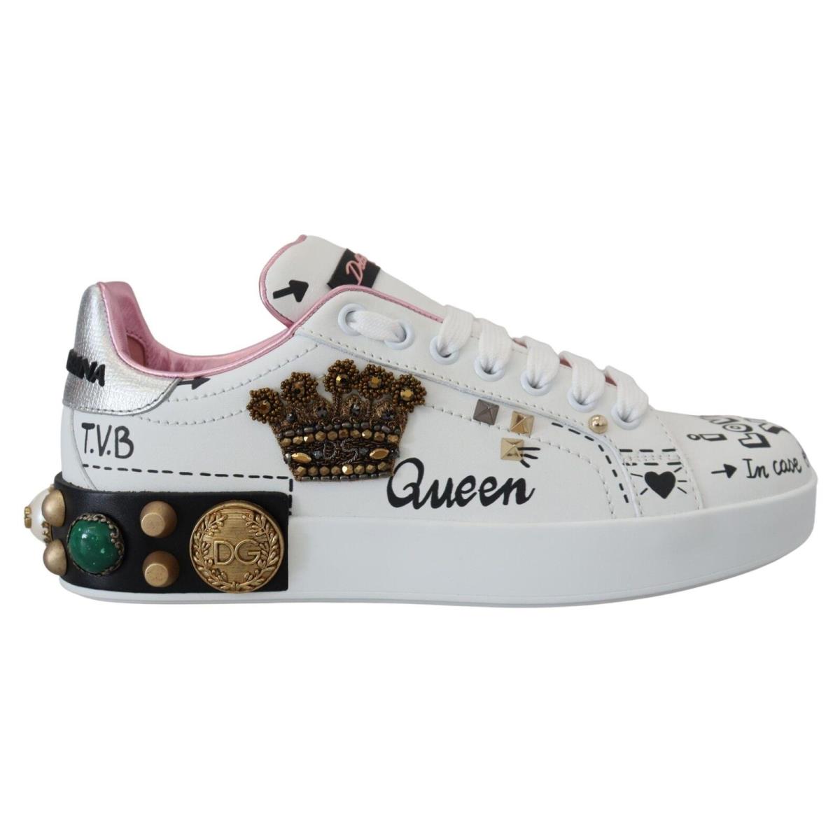 Dolce Gabbana White Leather Crystal Queen Crown Sneakers Shoes