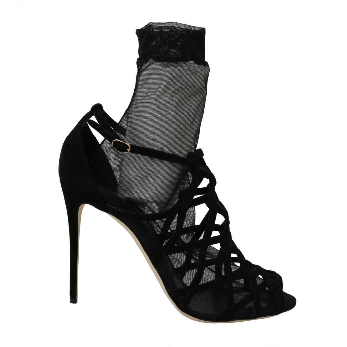 Dolce Gabbana Black Suede Tulle Ankle Boots Sandal Shoes