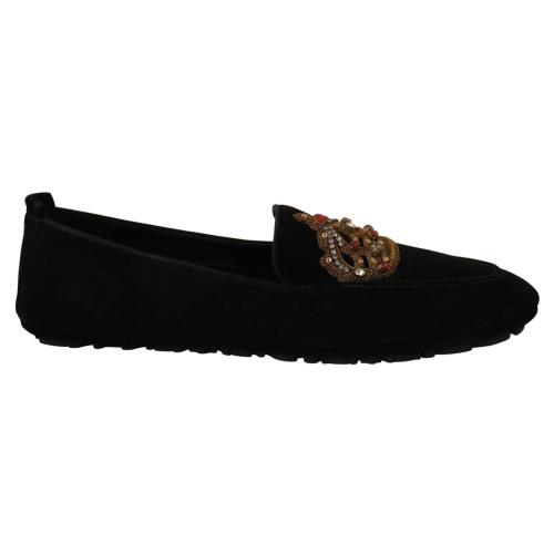 Dolce Gabbana Black Leather Crystal Gold Crown Loafers Shoes