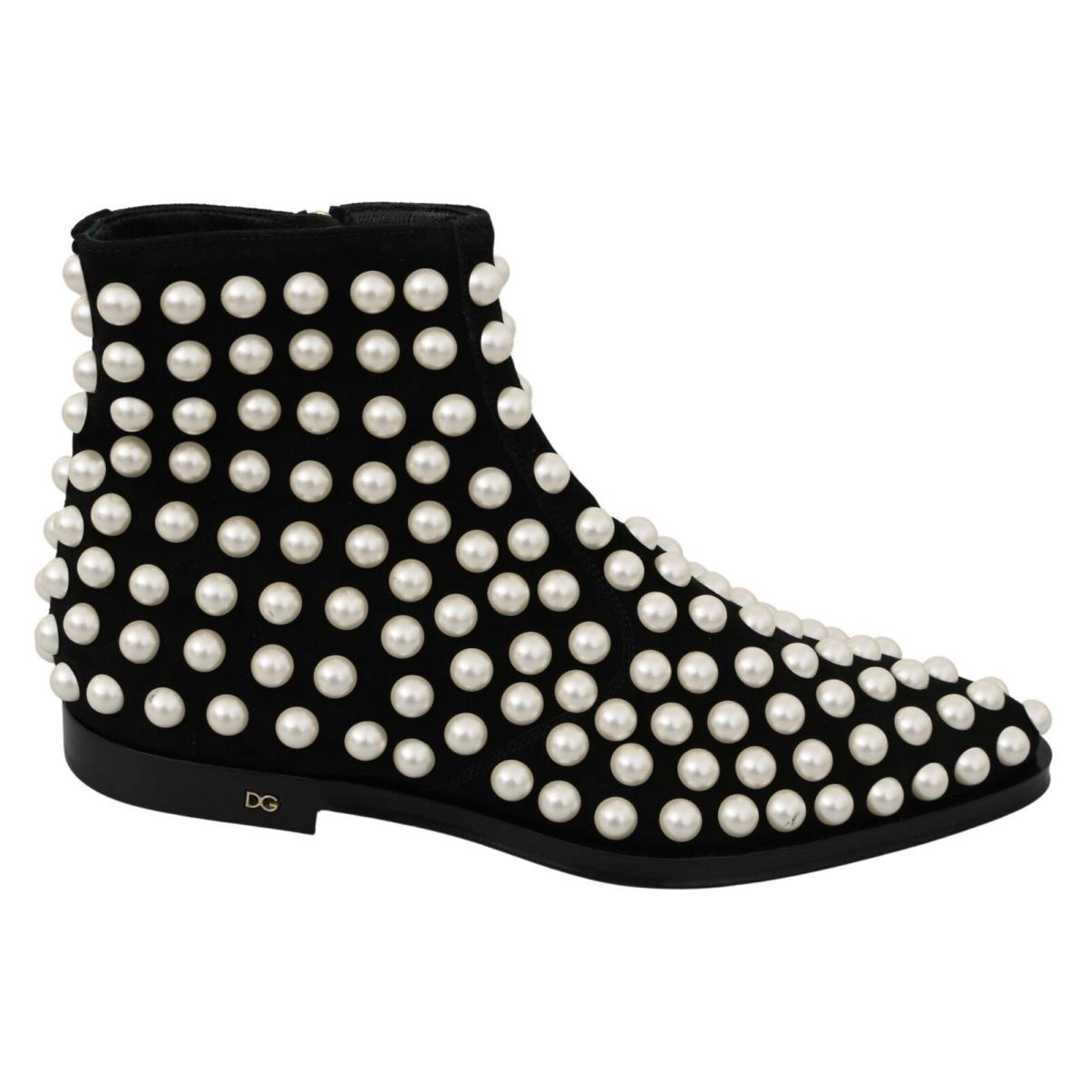 Dolce Gabbana Black Suede Pearl Studs Boots Shoes