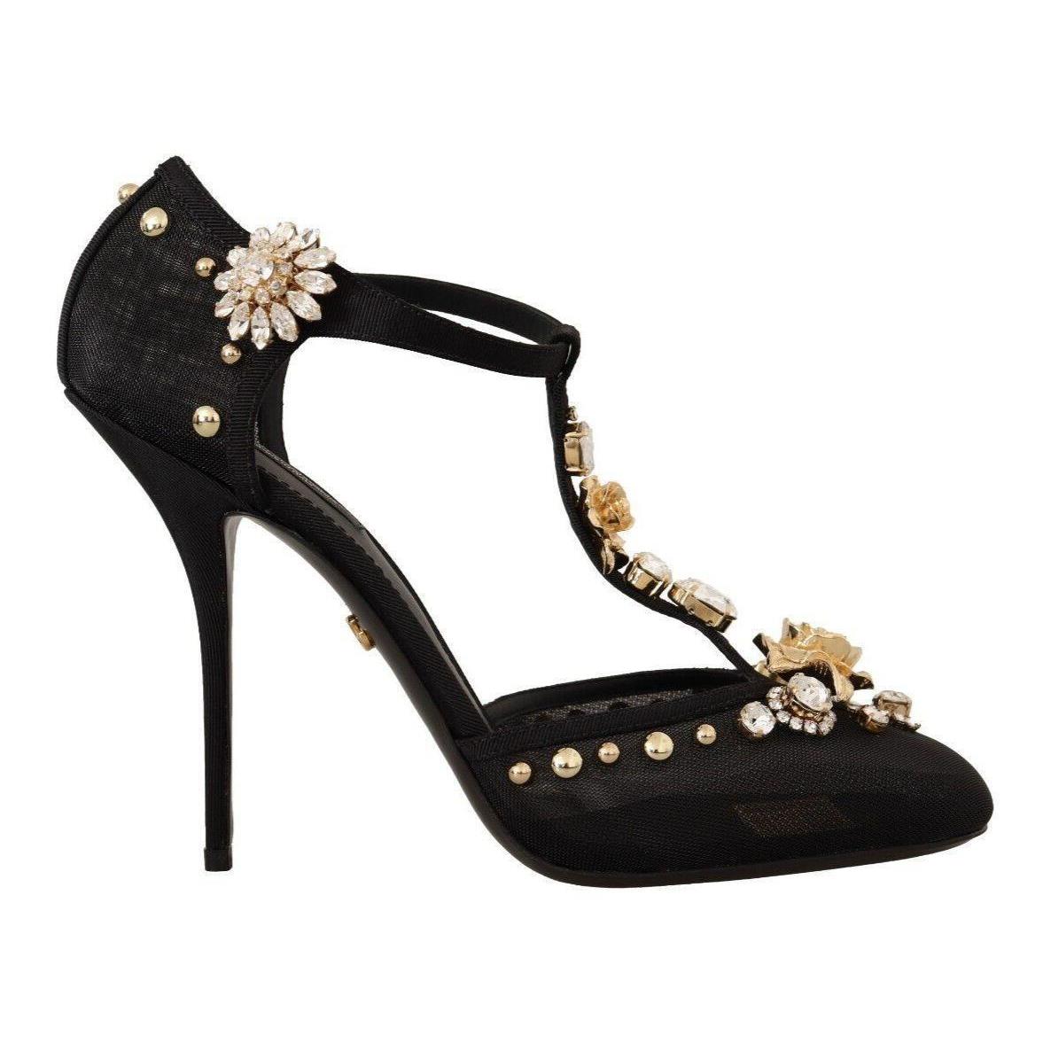 Dolce Gabbana Black Mesh Crystals T-strap Heels Pumps Shoes