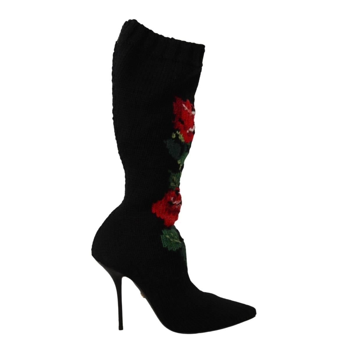 Dolce Gabbana Black Stretch Socks Red Roses Booties Shoes