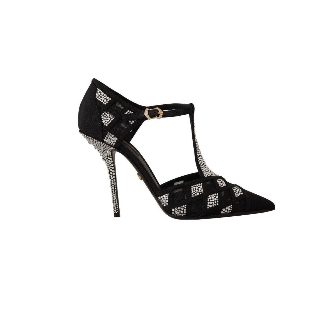 Dolce Gabbana Black Crystals T-strap Heels Pumps Shoes