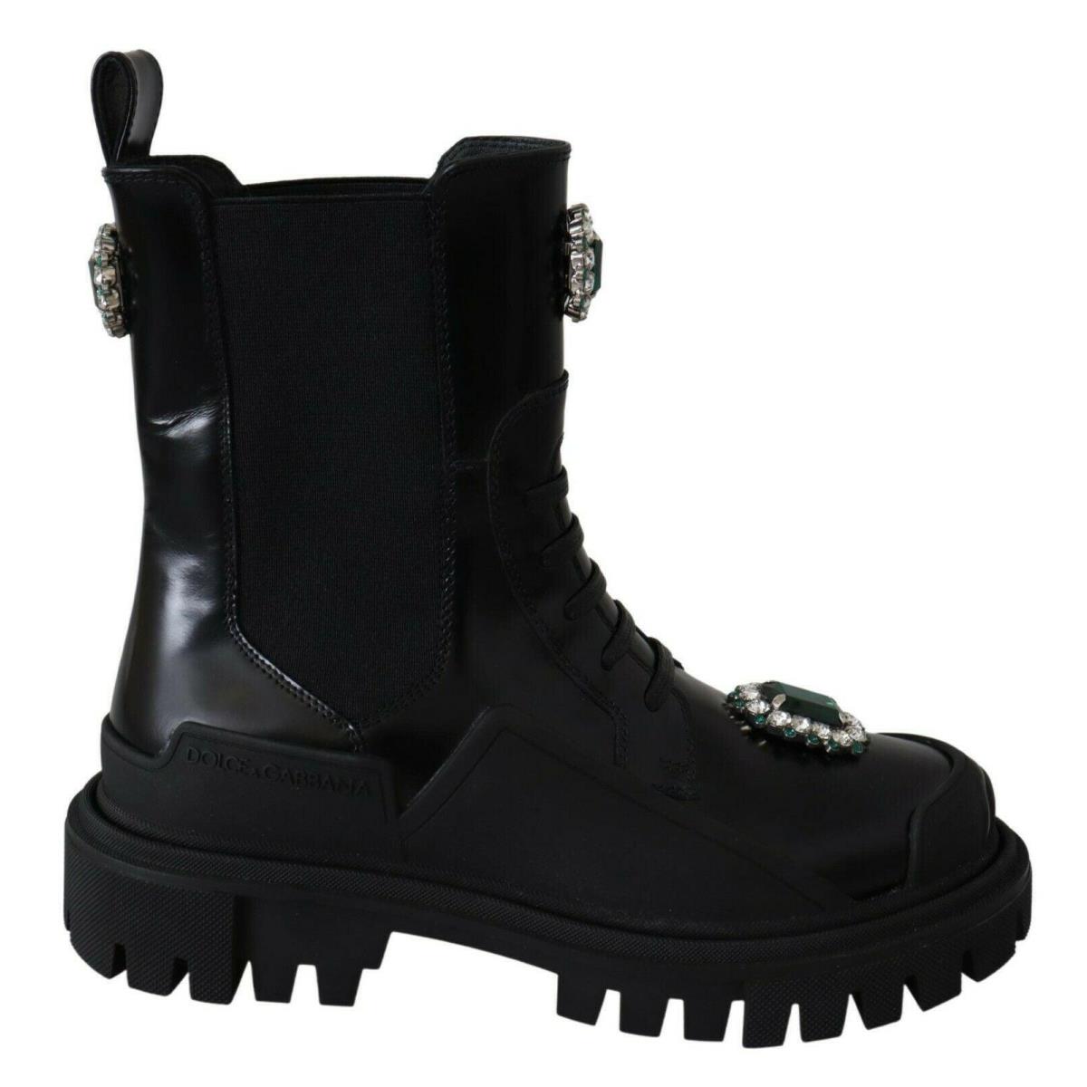 Dolce Gabbana Black Leather Crystal Combat Boots