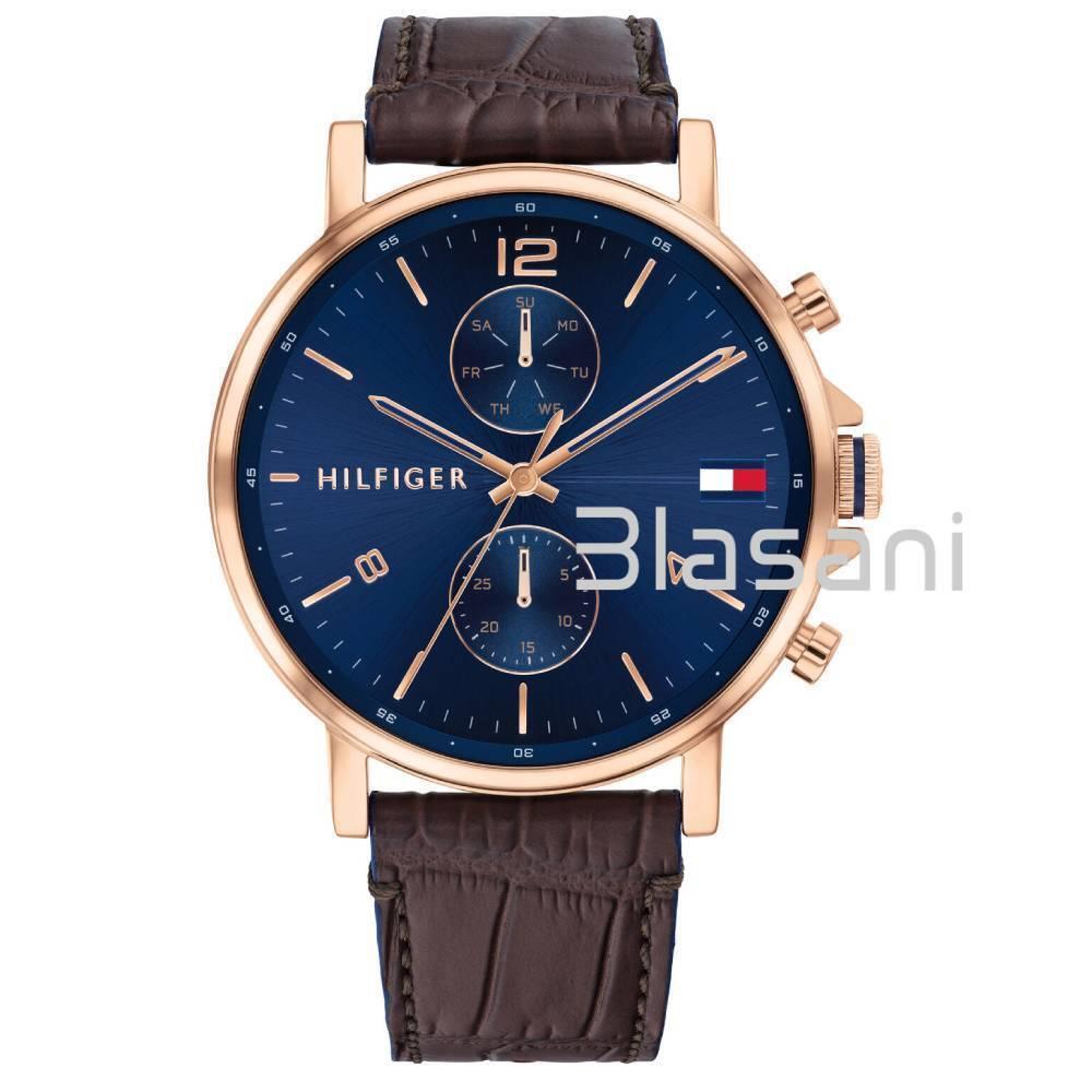 Tommy Hilfiger 1710418 Men`s Brown Leather Strap Multifunction Blue Dial 46mm