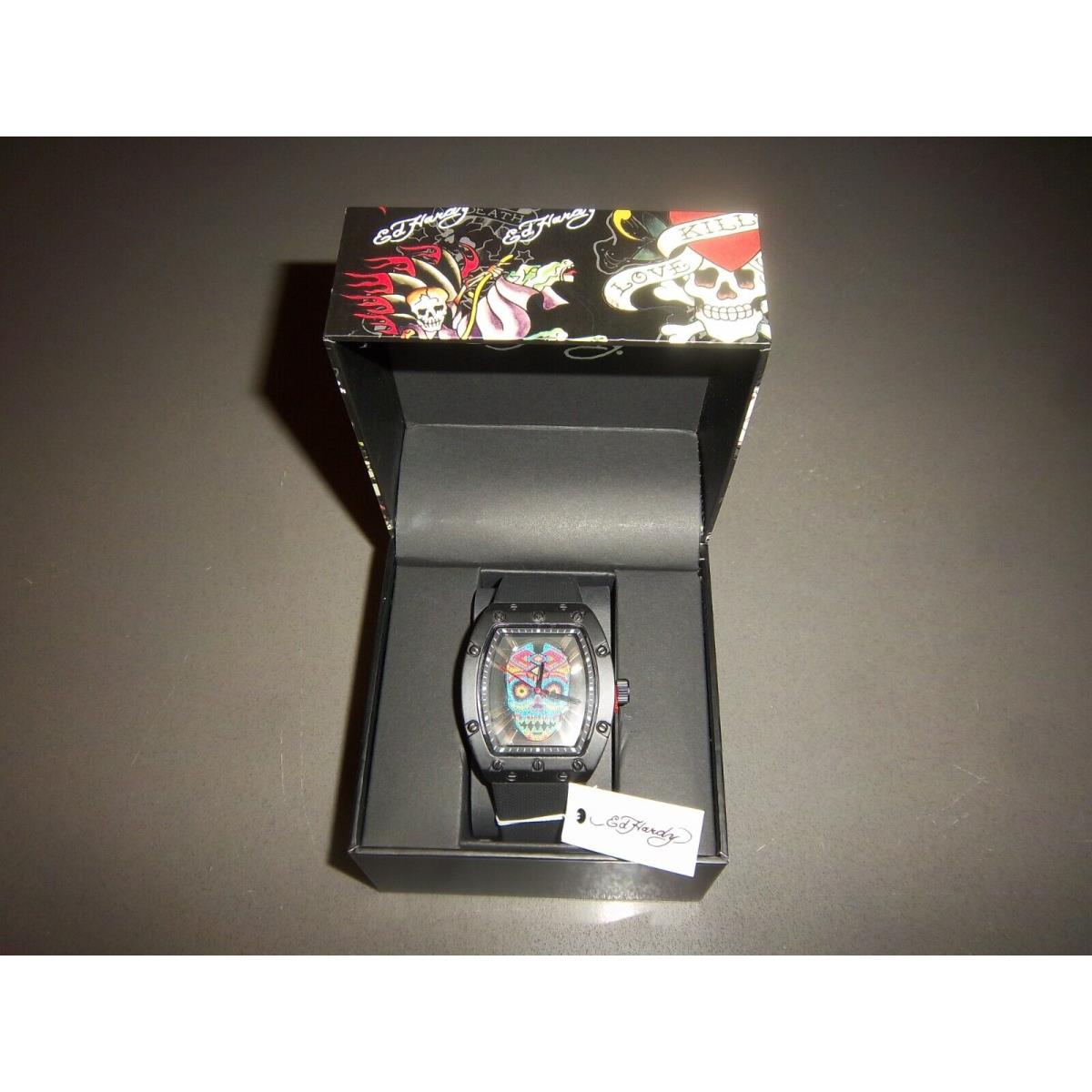 Mens ED Hardy Multicolored Skull Face/black Silicone Band Watch