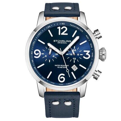 Stuhrling 3956 2 Aviator Chronograph Date Blue Leather Strap Mens Watch