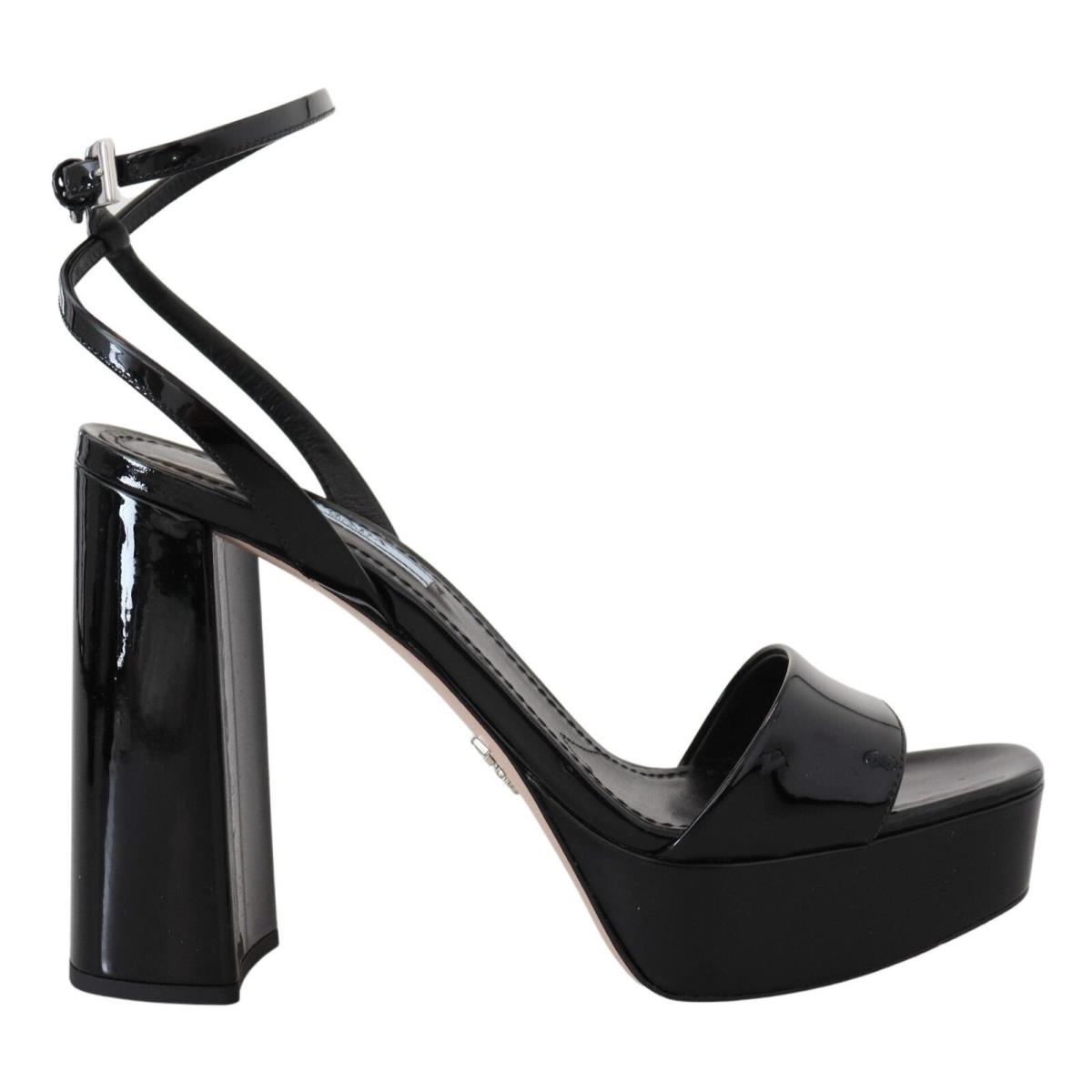 Prada Black Patent Sandals Ankle Strap Heels Leather