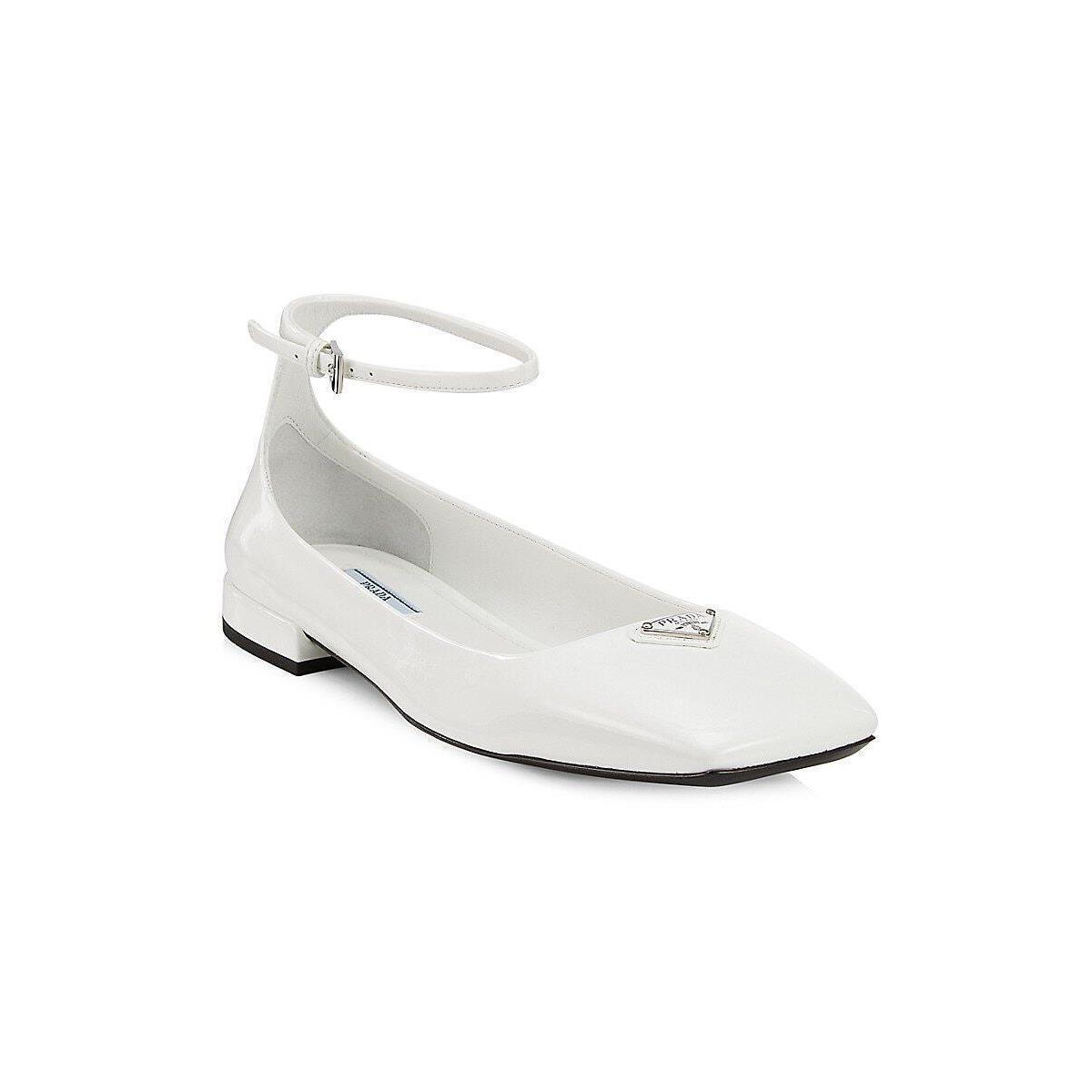 Prada Logo Patent Leather Square Toe Ankle Strap Flat Ballerina Flat Shoes