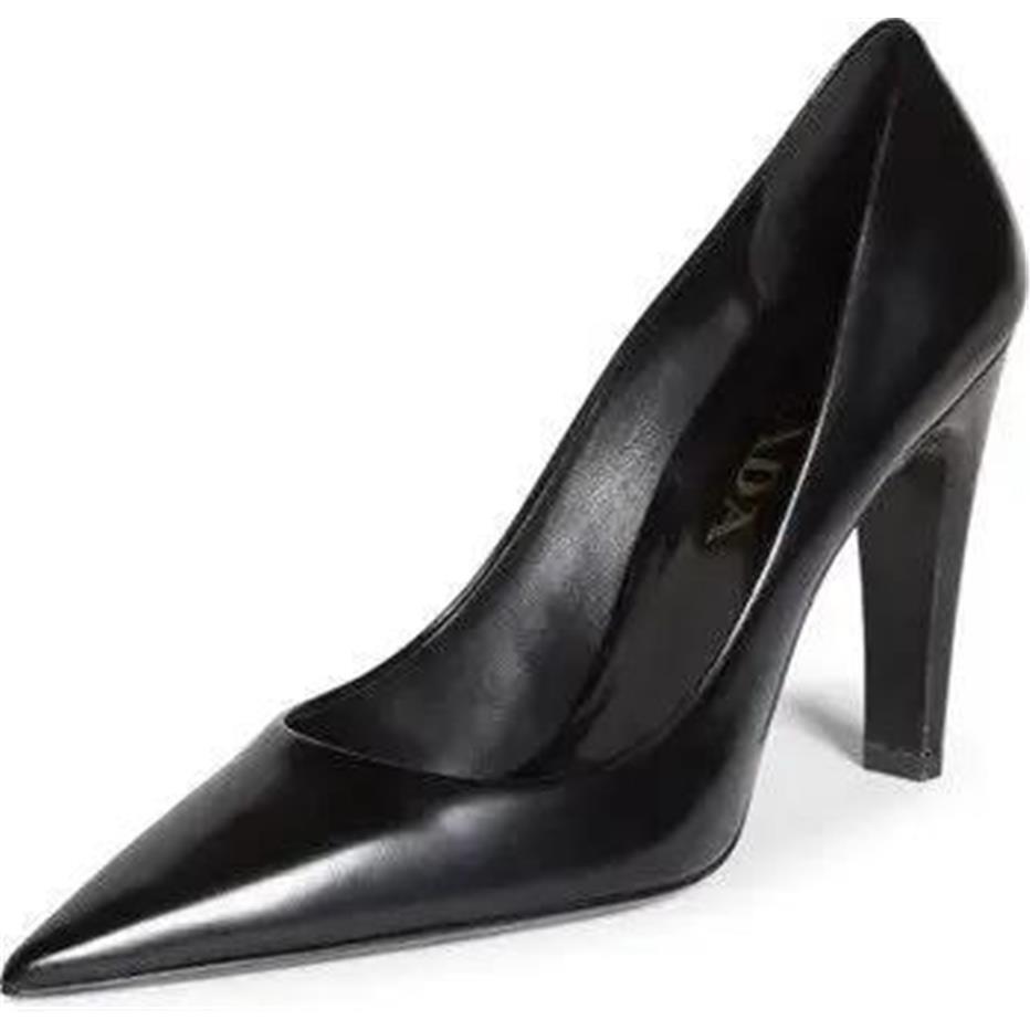 Prada Triangle Show Leather Pointed Toe Pumps Heels Shoes Black