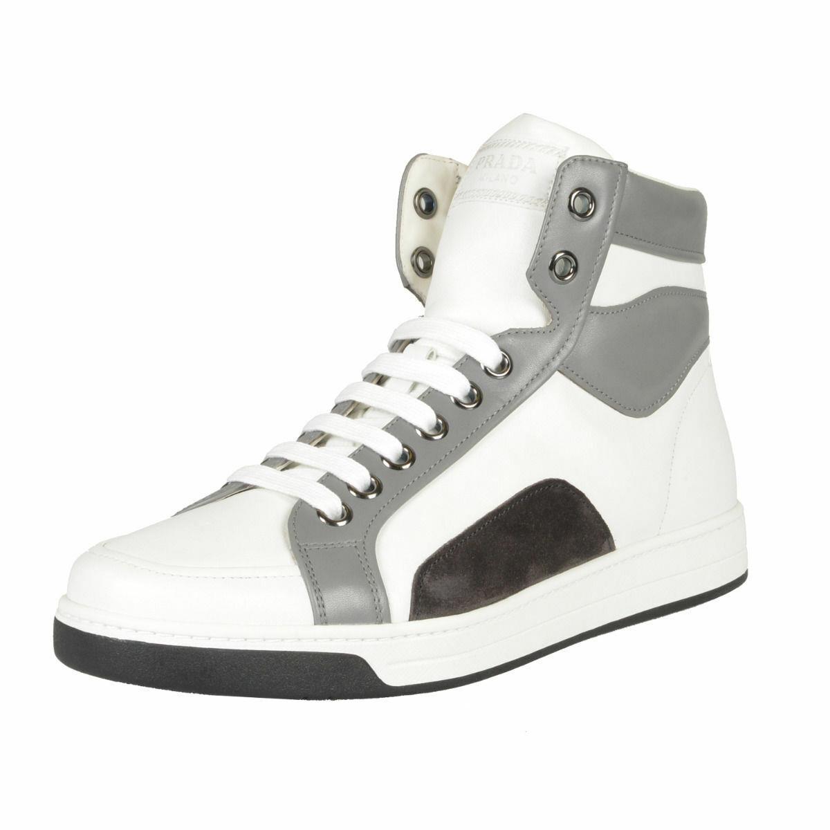 Prada Leather White Hi Top Fashion Sneakers Shoes Sz 7 7.5 8 8.5 9 9.5 10 11