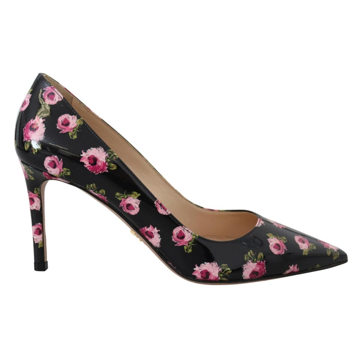 Prada Black Leather Floral Heels Stilettos Pumps