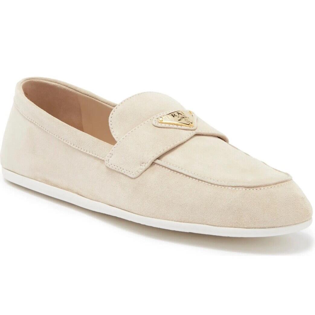 Prada Triangle Logo Suede Loafers Beige 38