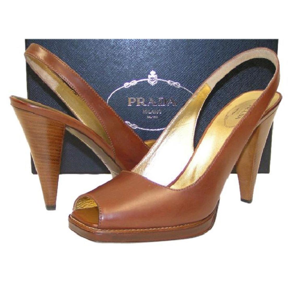 Prada Chocolatte Leather Classic City Peep Toe Platform Dark Brown Pumps 40