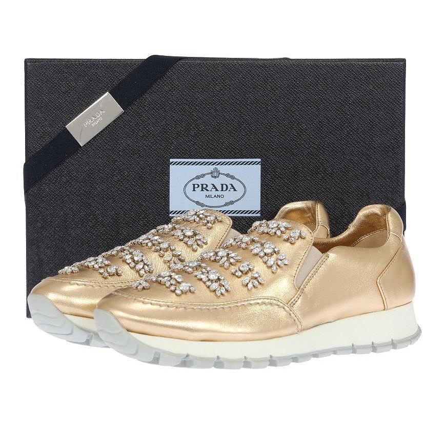 Prada Luxury Swarovski Crystals Gold Leather Sneakers Casual Shoes 39.5/9.5