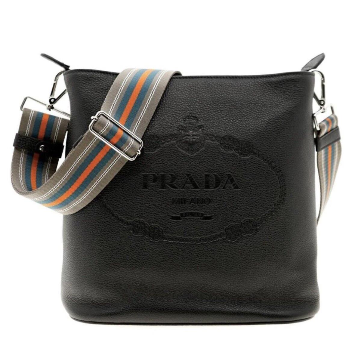 Prada Vitello Phenix Black Leather Stripe Strap Bucket Bag. Model 1BE057